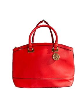 Modern Corporate Office Large Satchel Red Faux Leather Handbag Lion Charm Purse